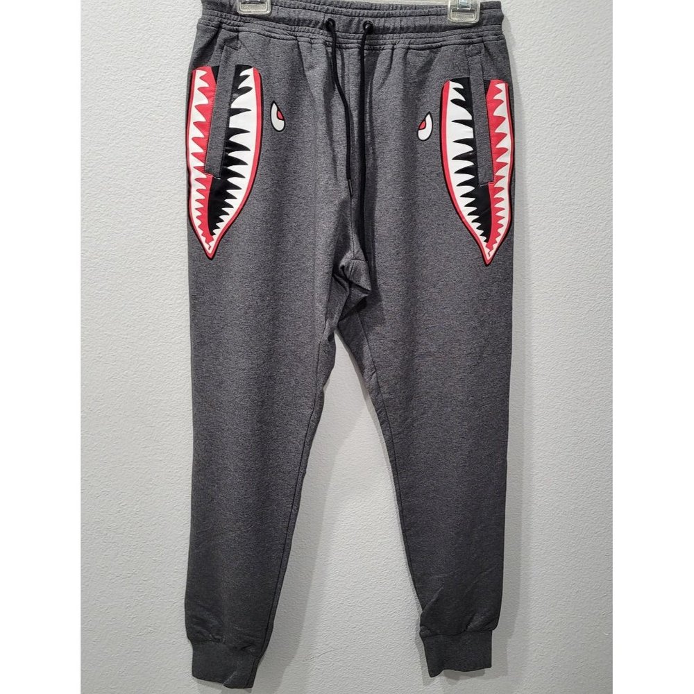 Men's Gray Shark-Mouth Graphic Joggers - Drawstring Sweatpants